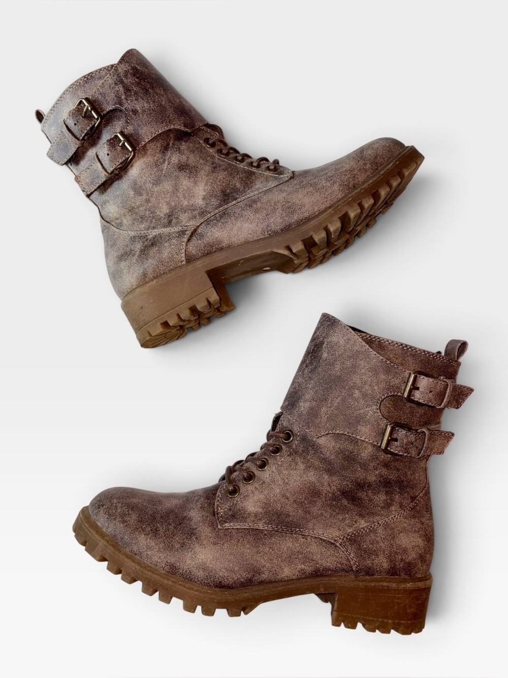 Celebrity NYC Distressed Plum Combat Boots Double Buckle Lug Sole